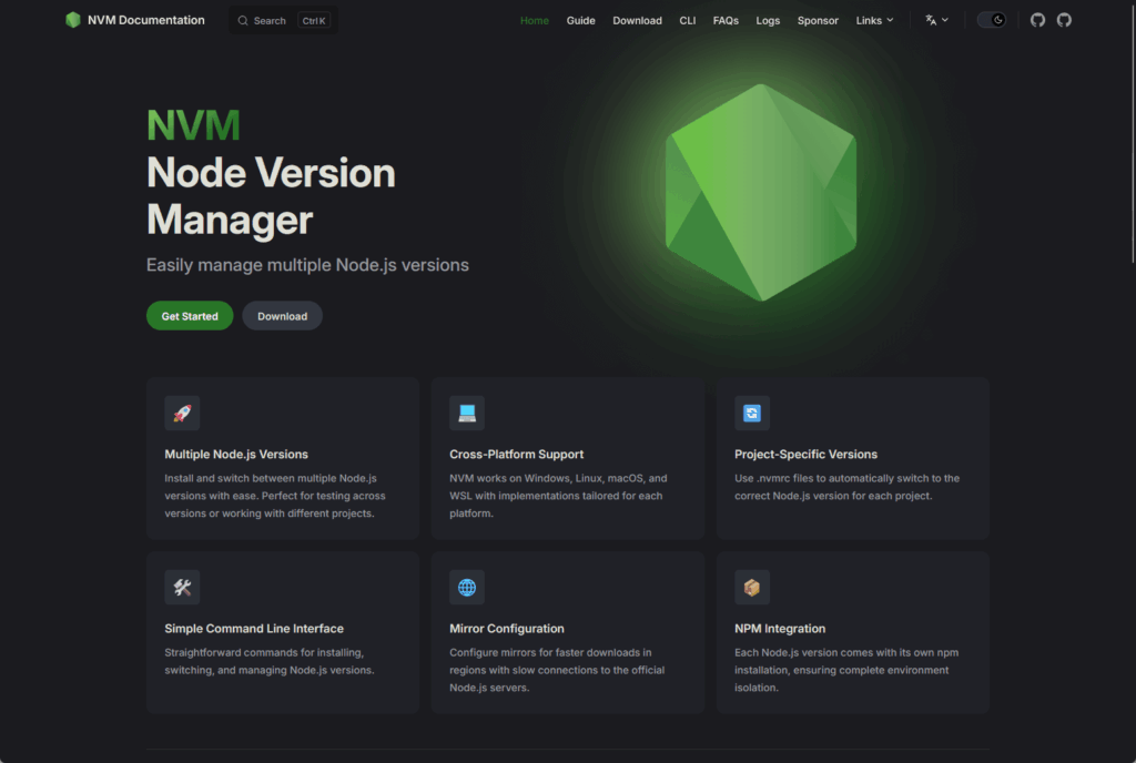Screenshot of the NVM (Node Version Manager) documentation homepage, featuring a green geometric logo, a brief description, Get Started and Download buttons, and six feature cards explaining key NVM functions.