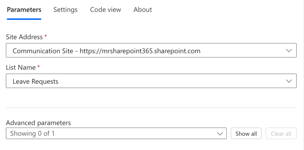 A form interface showing parameters for configuring a SharePoint site. The Site Address field is set to a Communication Site URL, the List Name is Leave Requests, and there are advanced parameters displayed below.