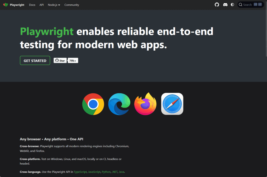 Screenshot of the Playwright website homepage, featuring the tagline “Playwright enables reliable end-to-end testing for modern web apps.” Four browser icons are displayed below: Chrome, Edge, Firefox, and Safari.