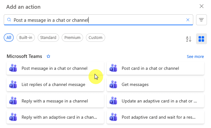 A screenshot of the Add an action window with Post a message in a chat or channel typed in the search bar, displaying Microsoft Teams action options below, including a highlighted option under the cursor.