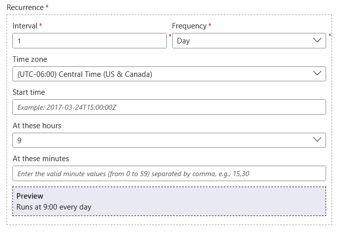 A recurrence settings form showing interval set to “1,” frequency as “Day,” time zone as Central Time, hours as “9,” and a preview stating, “Runs at 9:00 every day.”.