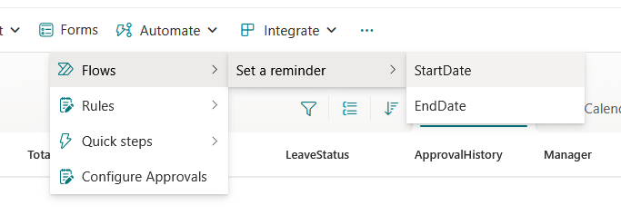 A dropdown menu in a software interface shows options under Automate including Flows, Rules, Quick steps, and Configure Approvals. Flows is expanded to Set a reminder with sub-options StartDate and EndDate.