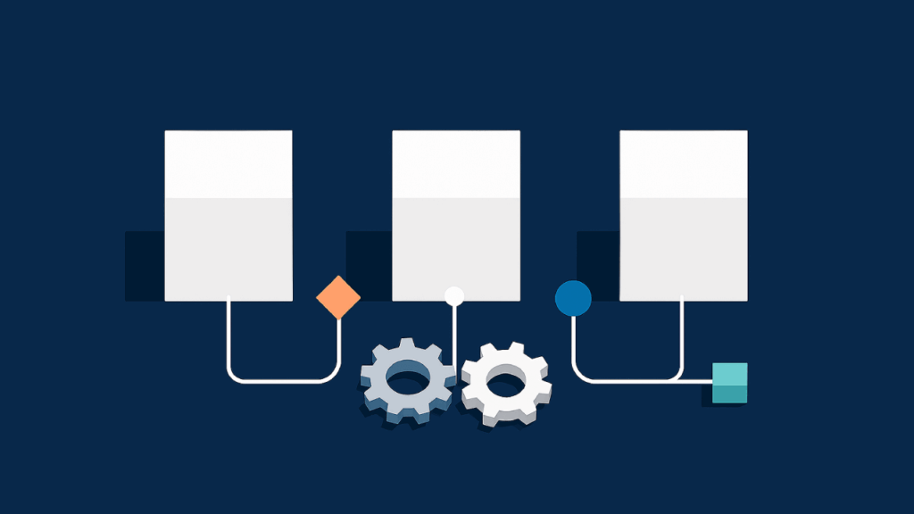 Three white rectangles are connected to colored shapes and two interlocking gears on a dark blue background, representing a workflow or process diagram.
