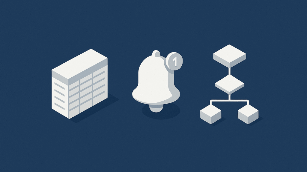 A grid table, a notification bell with a 1 badge, and a flowchart diagram are shown side by side on a dark blue background.