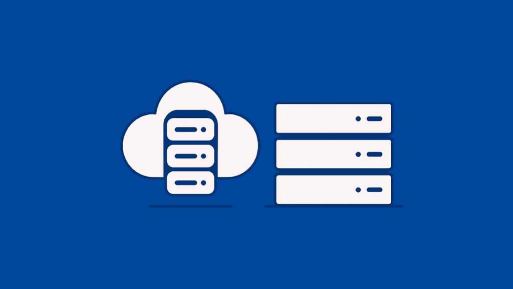 A simple illustration of a cloud containing three server icons beside three stacked server units, all on a blue background, representing cloud computing and traditional servers.