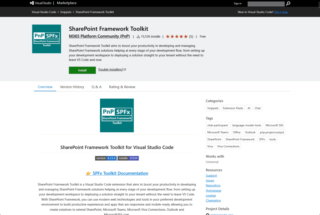 Screenshot of the SharePoint Framework Toolkit page on Visual Studio Marketplace, showing extension details, description, install button, ratings, and categories, with the SharePoint Framework Toolkit logo displayed prominently.
