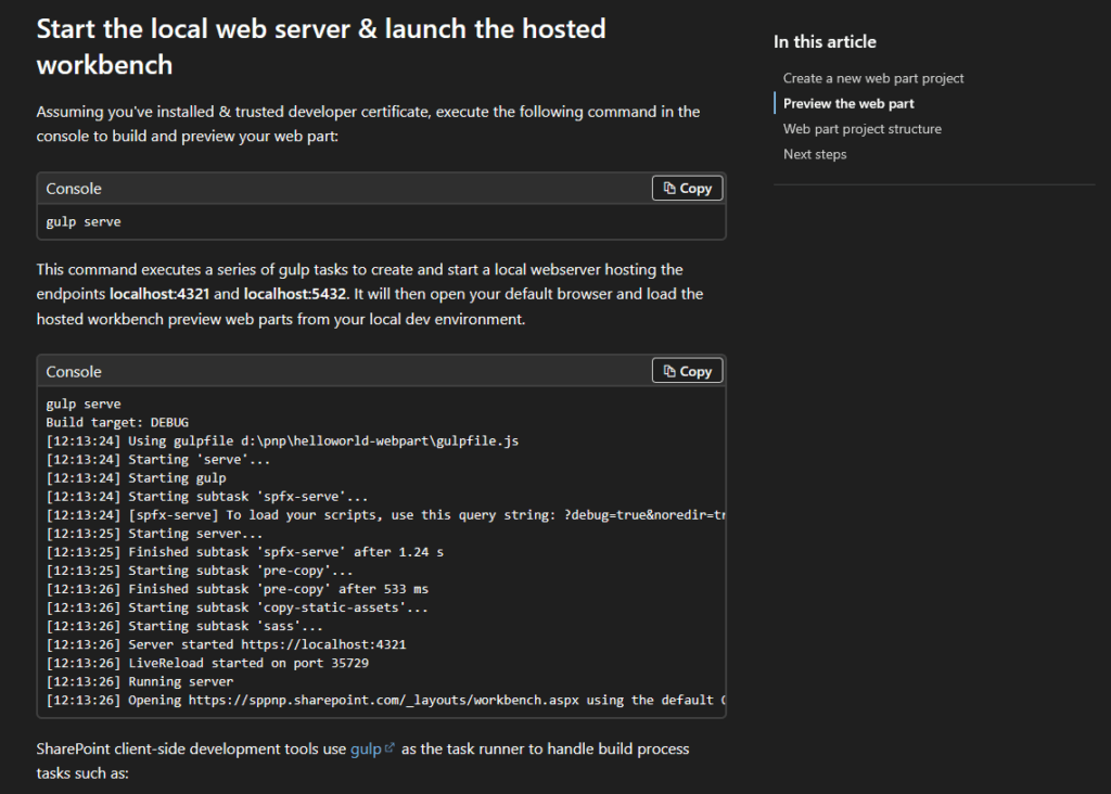 Screenshot of documentation explaining how to start a local web server and launch the hosted workbench using the ‘gulp serve’ command, showing code examples and build output in dark mode.