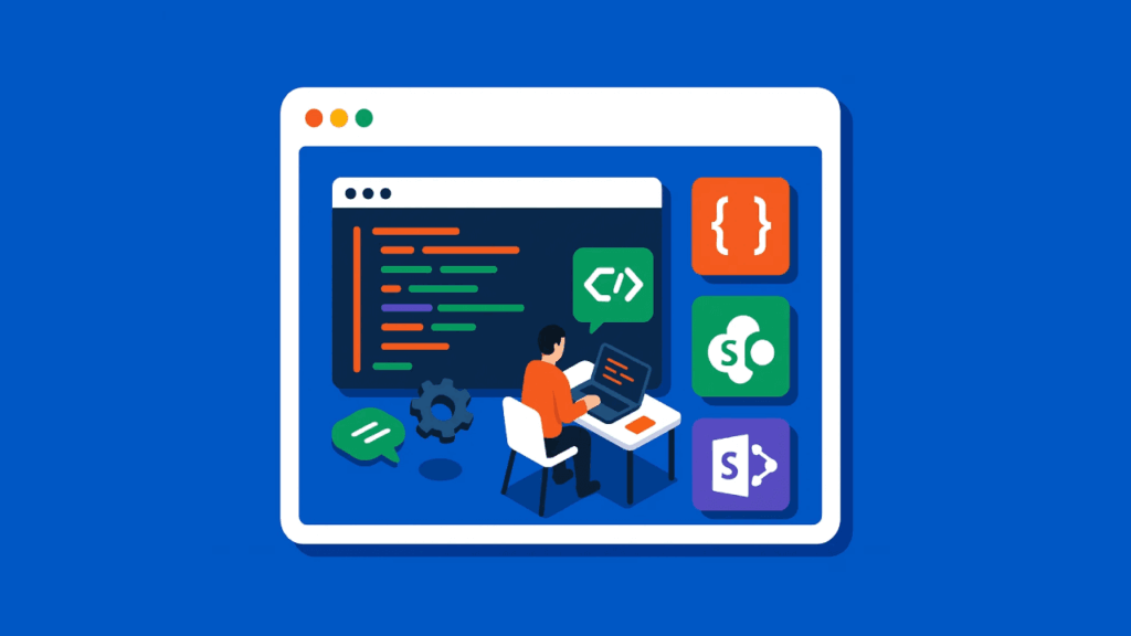 Illustration of a person sitting at a desk coding on a laptop, with a large screen showing colorful code lines and programming icons, including curly braces,  symbols, and gears, against a blue background.