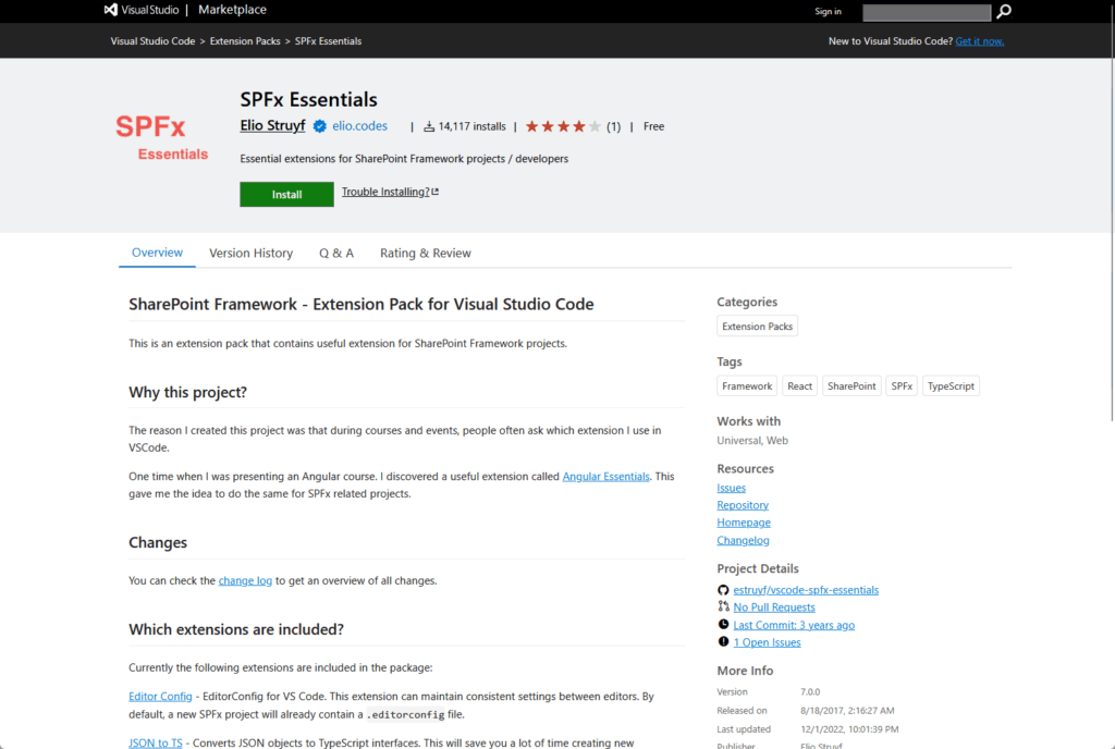 Screenshot of the Visual Studio Marketplace page for SPFx Essentials, an extension pack for Visual Studio Code, showing description, install button, ratings, and navigation tabs like Overview and Version History.