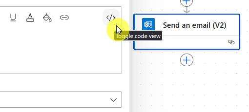 A cursor hovers over a “Toggle code view” button with a yellow highlight, next to a “Send an email (V2)” flow step in a workflow editor interface.