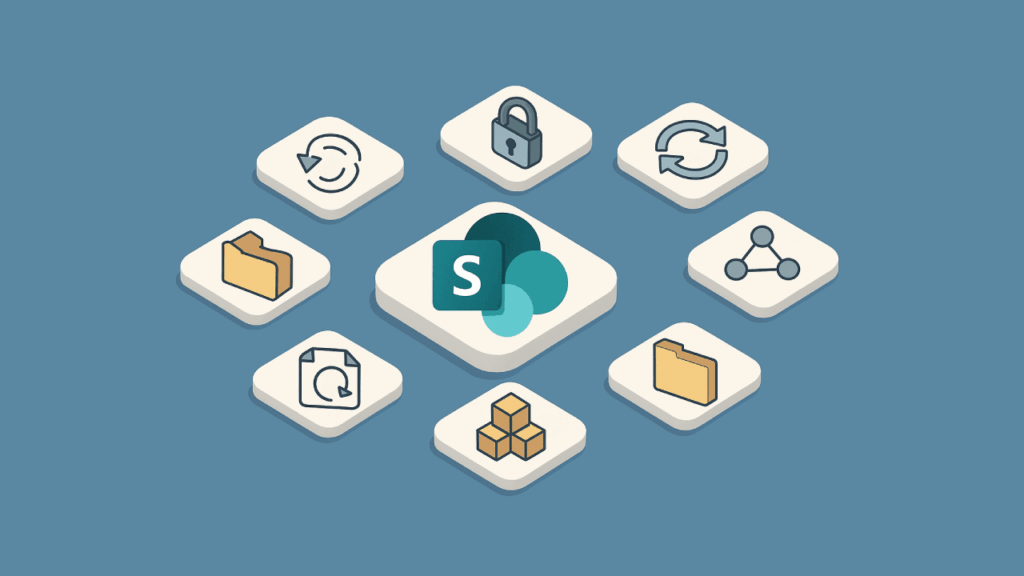 An illustration of the SharePoint logo at the center, surrounded by icons for folders, locks, arrows, documents, organizational charts, and boxes on a blue background.