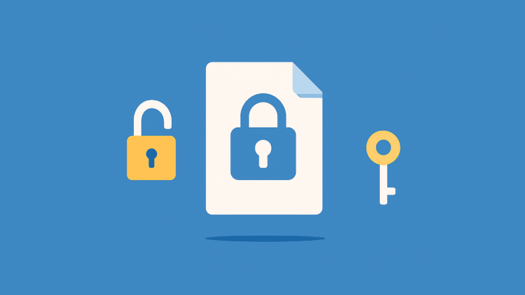 Illustration of a yellow unlocked padlock, a document with a blue locked padlock, and a yellow key on a blue background, symbolizing security and access control.