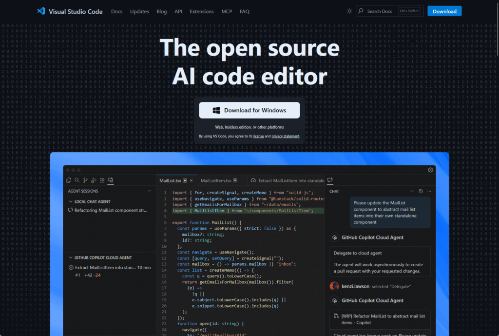 Screenshot of the Visual Studio Code website homepage, showing the tagline “The open source AI code editor,” a “Download for Windows” button, and a code editor interface displaying JavaScript code.