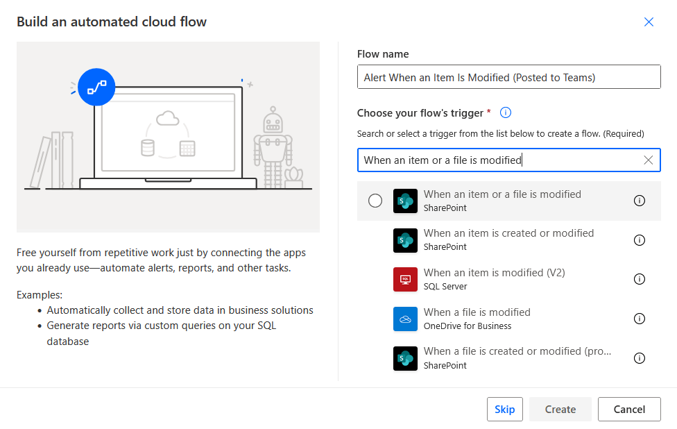 Screenshot of the Build an automated cloud flow setup in Microsoft Power Automate, showing options to select a flow name and trigger, with When an item or file is modified highlighted.