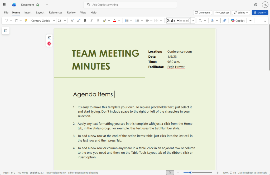 A computer screen displays a Microsoft Word document titled Team Meeting Minutes with agenda items listed below. The meeting location, date, time, and facilitator details are shown on the right side of the header.