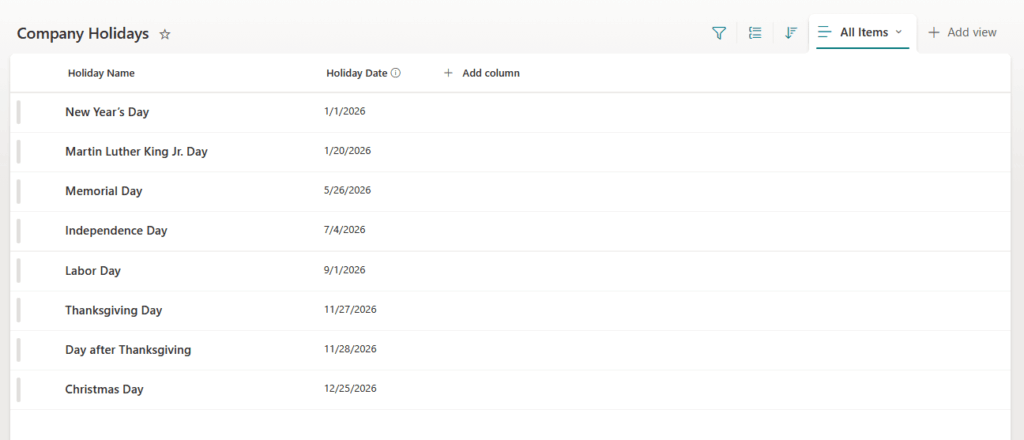 A digital table titled Company Holidays lists holidays and their dates in 2026, including New Years Day, Martin Luther King Jr. Day, Memorial Day, Independence Day, Labor Day, Thanksgiving, the day after, and Christmas Day.