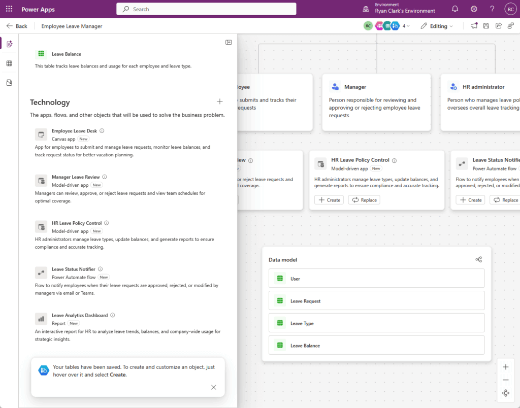 A Power Apps screen shows the Employee Leave Manager app setup, highlighting components like Leave Balance, Manager, HR Administrator, and related data model entities. A sidebar details each technology element used in the app.