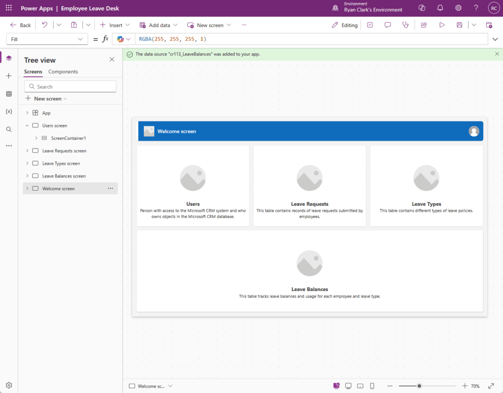 Screenshot of a Power Apps interface for an Employee Leave Desk app. The app has four main sections: Users, Leave Requests, Leave Types, and Leave Balances, displayed as cards on the Welcome screen.
