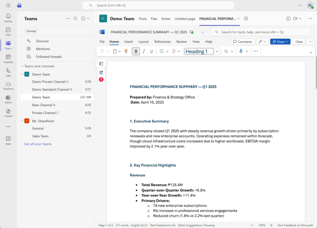 Screenshot of a Microsoft Teams window showing a document titled FINANCIAL PERFORMANCE SUMMARY — Q1 2025, with key highlights such as total revenue and growth percentages. The Teams sidebar with team channels is visible on the left.
