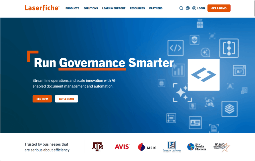 Screenshot of the Laserfiche website homepage, featuring the headline Run Governance Smarter with buttons to See How and Get a Demo, and logos of trusted organizations at the bottom.