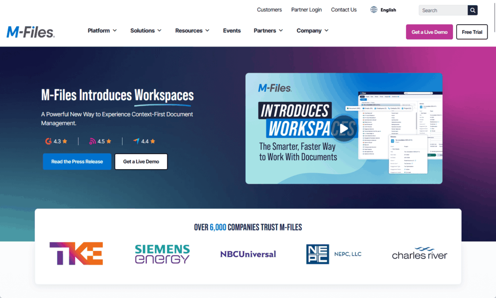 Screenshot of the M-Files website homepage, featuring a banner about M-Files Introduces Workspaces and logos of companies like Siemens Energy and NBCUniversal who use the platform.
