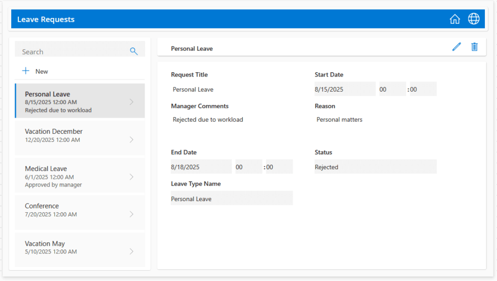 A leave management dashboard showing a list of leave requests on the left and the details of a selected personal leave request on the right, including status, dates, comments, and reason.