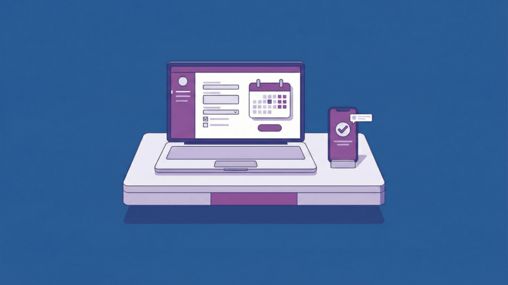 Illustration of a laptop displaying an online form with a calendar, alongside a smartphone showing a checkmark notification, all set on a desk against a blue background.