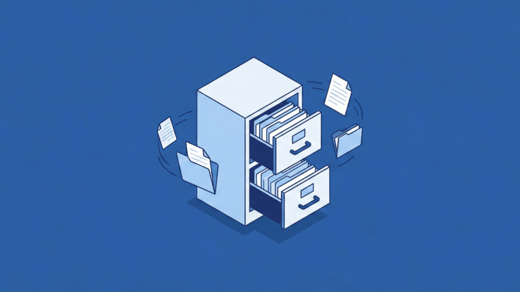 An illustration of a filing cabinet with open drawers, surrounded by flying documents and folders, all set against a solid blue background.