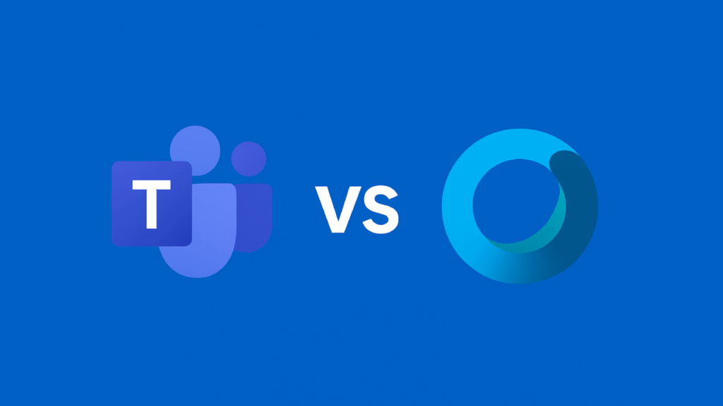 Side-by-side comparison of the Microsoft Teams logo on the left and the Cisco Webex logo on the right, separated by vs text, on a blue background.