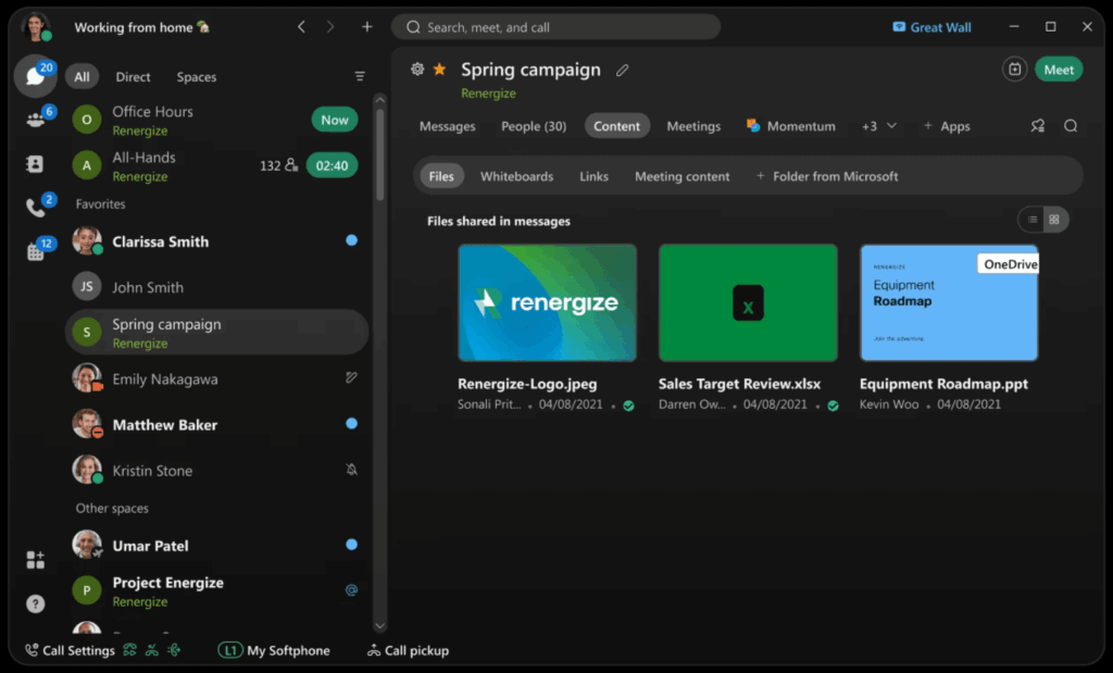 A Webex chat window for the Spring campaign space, showing tabs for messages, people, content, and meetings. Three files are shared: Renergize-Logo.jpg, Sales Target Review.xlsx, and Equipment Roadmap.pptx.