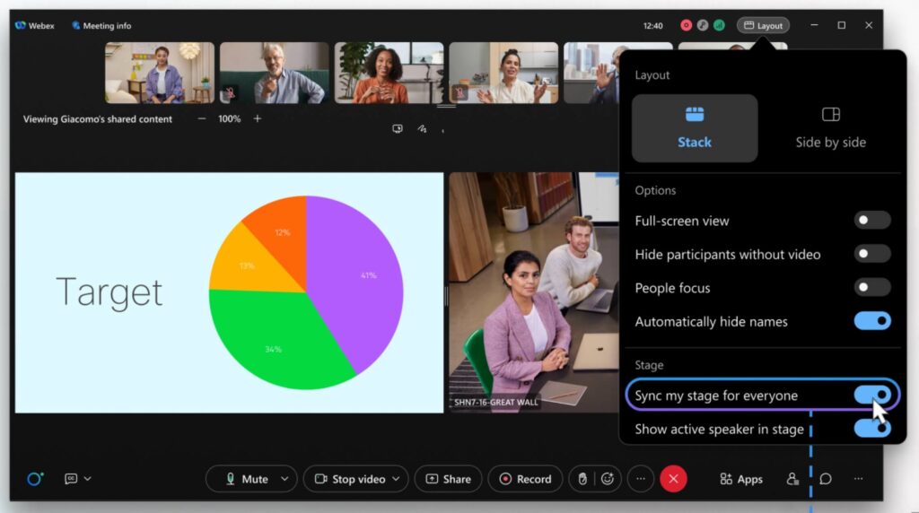 A virtual meeting screen shows several participants, a colorful pie chart labeled “Target,” and a settings menu with “Sync my stage for everyone” highlighted under layout options.