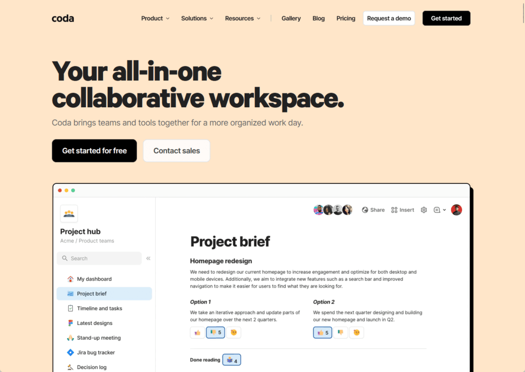 A webpage for Coda displays bold text, “Your all-in-one collaborative workspace,” with buttons for starting free or contacting sales. Below is a screenshot of a project brief dashboard, showing team collaboration tools.