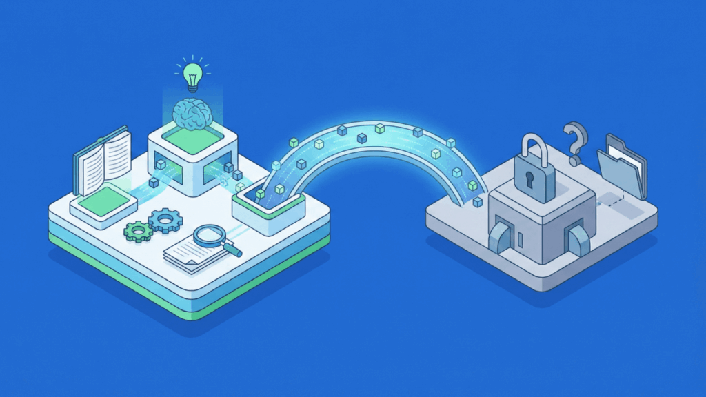Illustration of data and ideas transferring from a research and analysis platform, shown with books, gears, and a brain, to a secure, locked system, symbolizing knowledge protection or data security.