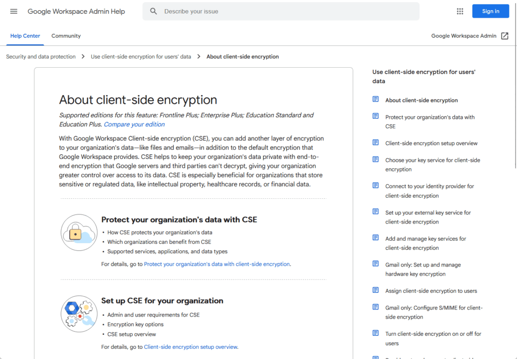 Screenshot of a Google Workspace Admin Help page about client-side encryption, showing sections on protecting your organizations data and setting up CSE, with navigation links on the right.