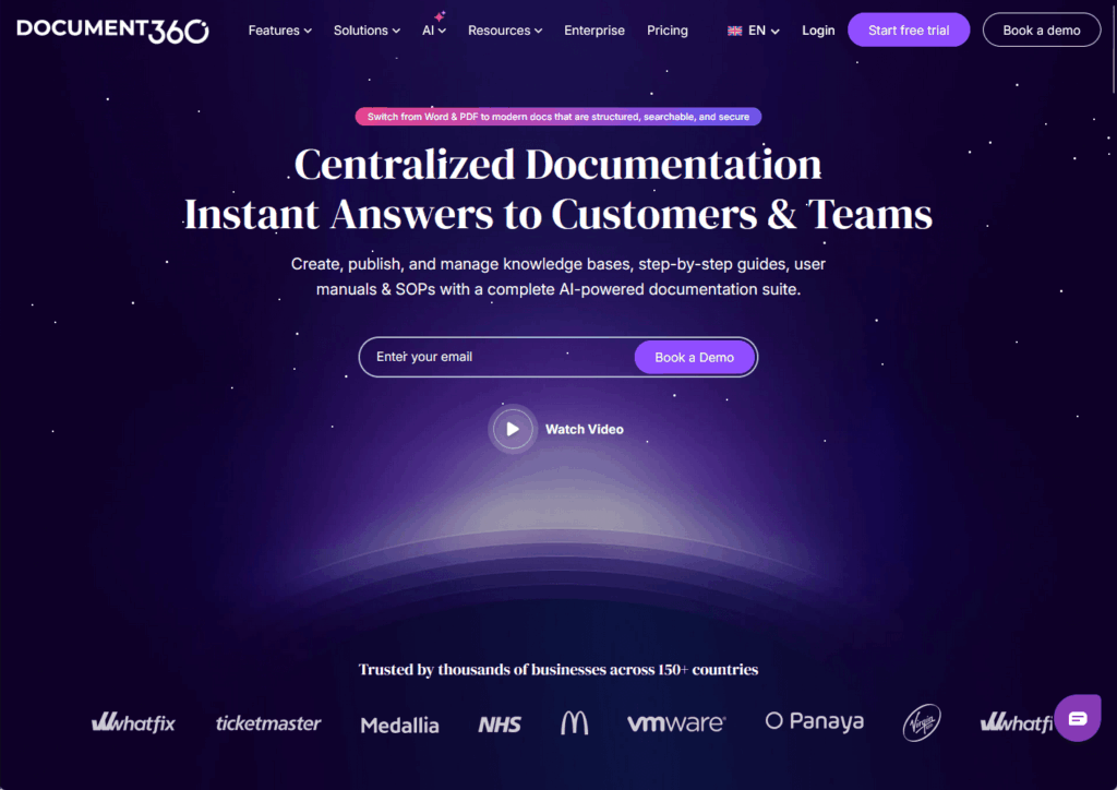 Screenshot of Document360s homepage with the tagline Centralized Documentation, Instant Answers to Customers & Teams, a demo video button, and logos of trusted companies on a dark purple, starry background.