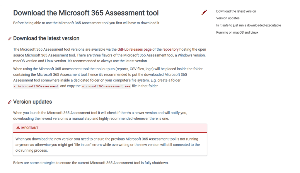 Screenshot of a webpage explaining how to download and update the Microsoft 365 Assessment tool. Text instructions, a warning box, and a sidebar listing sections like Version updates and Availability are visible.