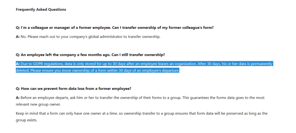 Screenshot of a FAQ with a highlighted section explaining that, due to GDPR regulations, employee data is only stored for 30 days after they leave, after which it is permanently deleted.