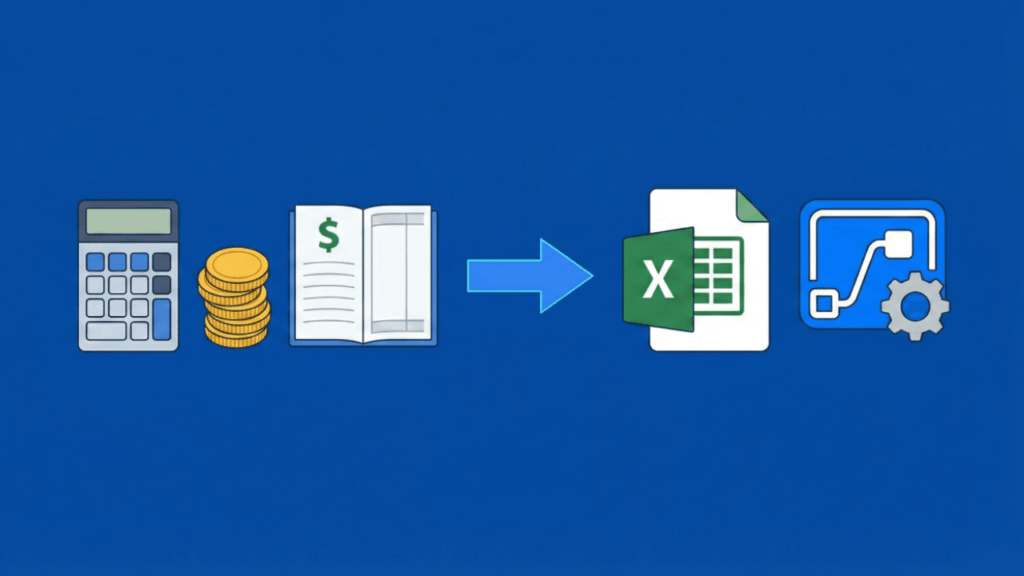 A graphic showing a calculator, coins, and a ledger, followed by an arrow pointing to an Excel icon, then another arrow pointing to a gear and flowchart icon, representing financial data automation.