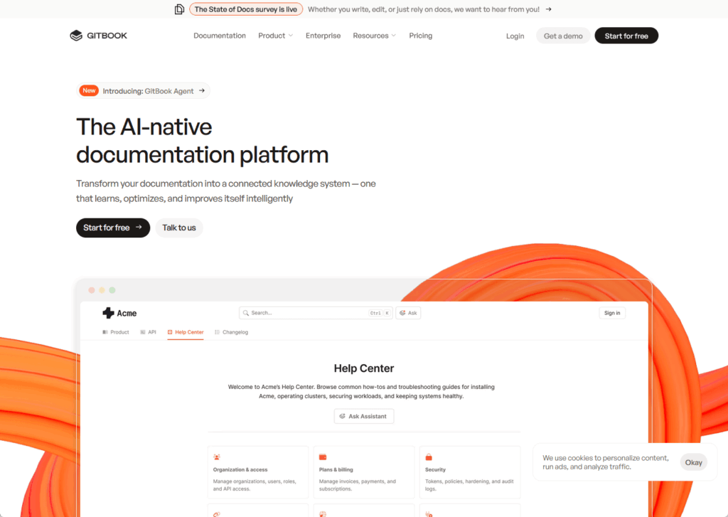 A webpage from GitBook introducing their AI-native documentation platform, featuring a navigation bar, a highlighted banner, a main headline, and a screenshot of a help center interface with categorized support topics.