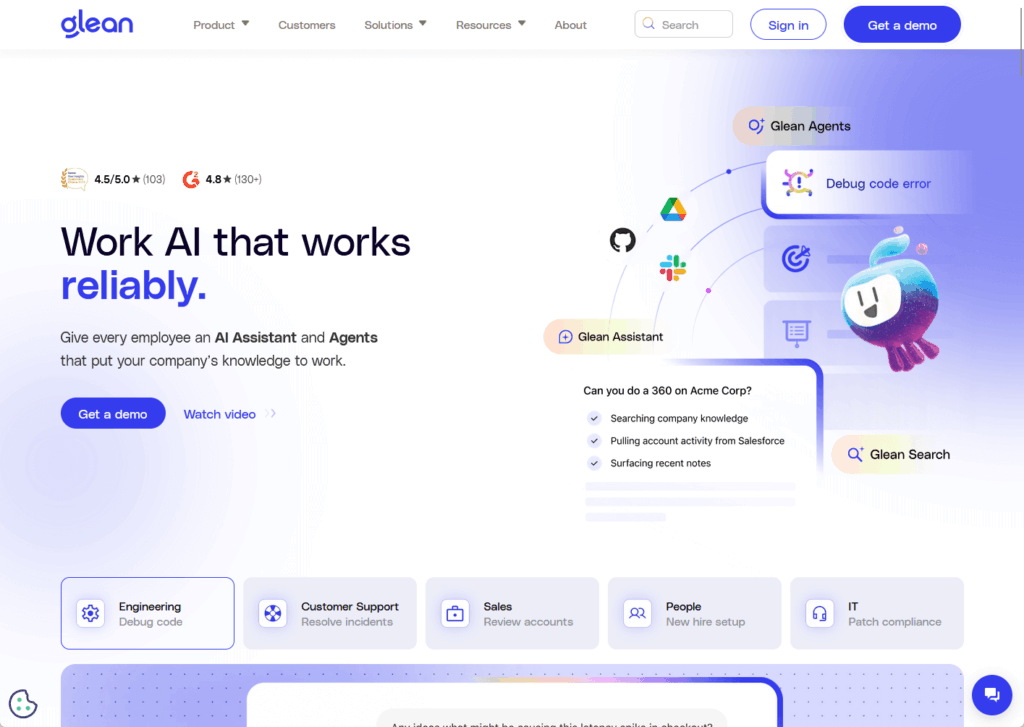 A website homepage for Glean displays features of an AI assistant, including debugging code errors and search. There are colorful icons, a cartoon mascot, ratings, and navigation buttons for demo, sign in, and top menu options.