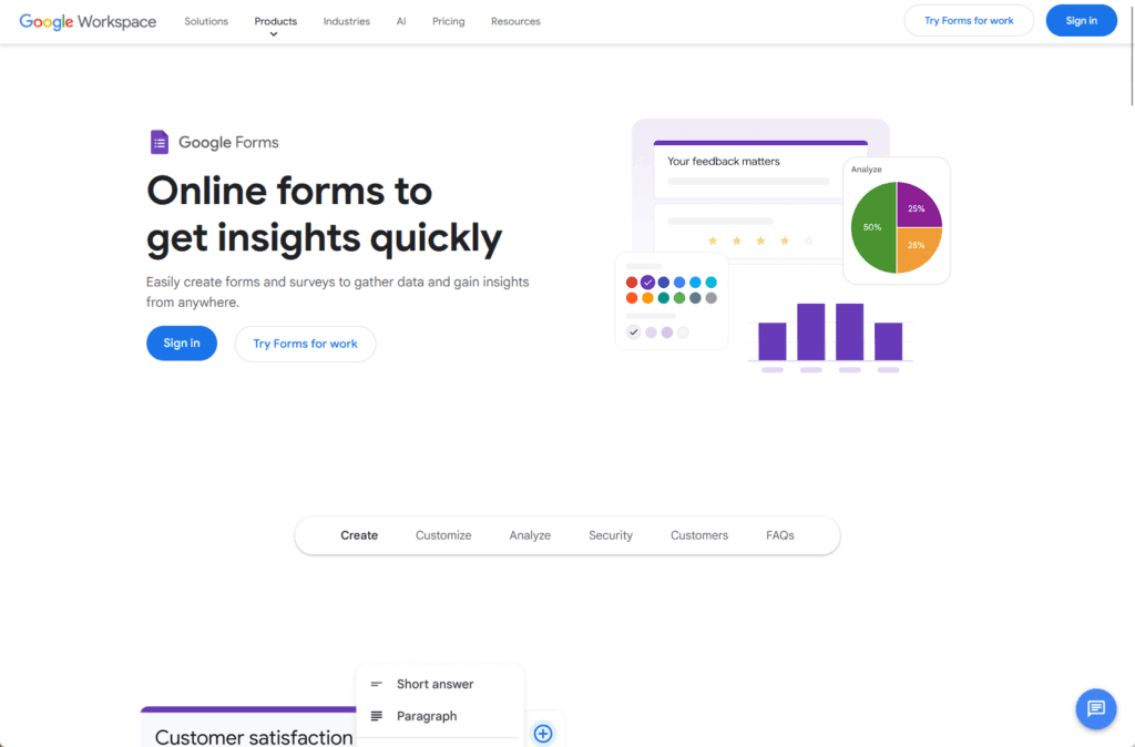 A Google Forms webpage displaying the headline Online forms to get insights quickly, with illustrated charts, graphs, and form elements. Navigation options and sign-in buttons are visible at the top.