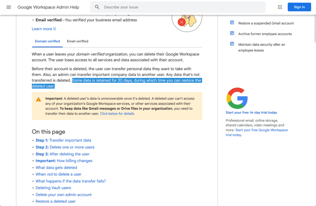 A Google Workspace Admin Help page explains data retention after account deletion. A highlighted section notes some data is kept for 20 days, during which admins can restore deleted users. A sidebar ad and navigation menu are visible.