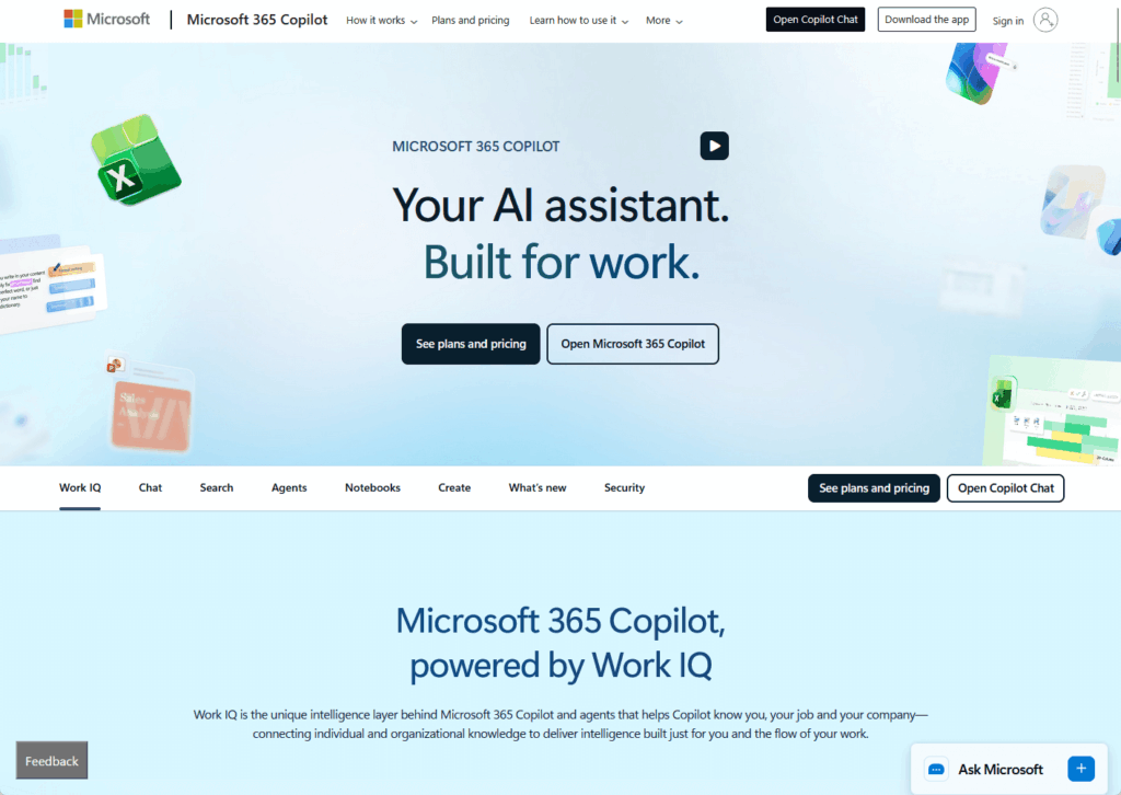 Screenshot of the Microsoft 365 Copilot webpage, displaying the tagline “Your AI assistant. Built for work.” with buttons for plans, pricing, and Open Copilot Chat, alongside floating icons of Microsoft Office apps.