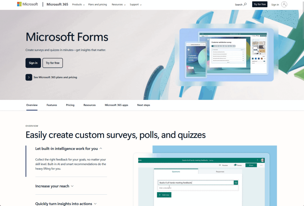 Screenshot of the Microsoft Forms webpage showing options to sign in or try it for free, example form previews, and text about creating surveys, polls, and quizzes with built-in intelligence and analytics tools.