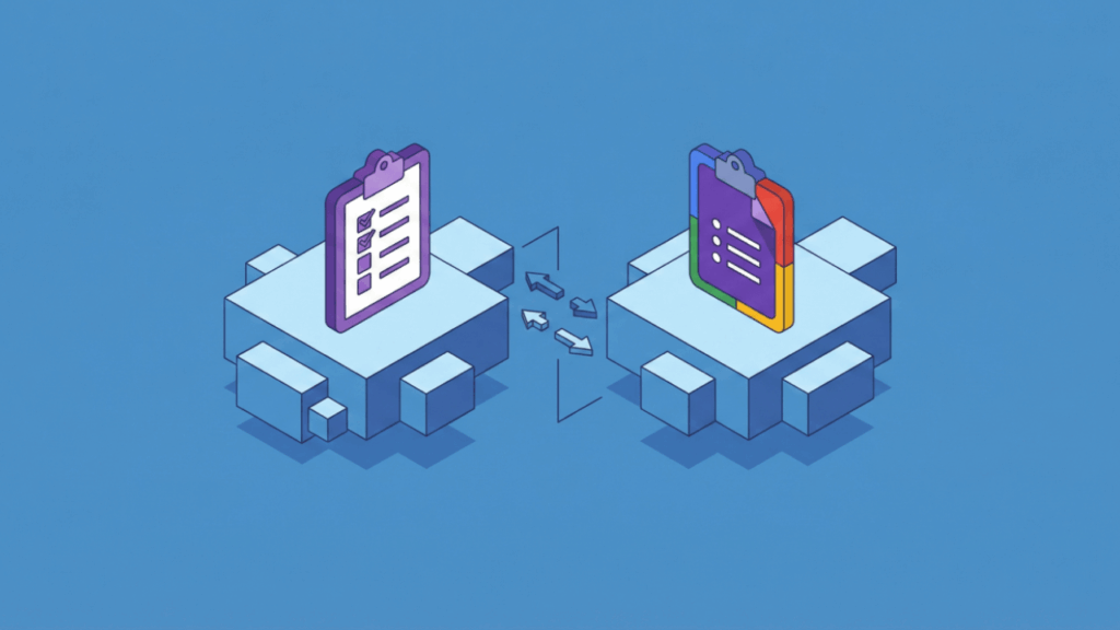 Two digital clipboards on separate platforms, connected by arrows indicating data transfer. The left clipboard is purple and the right one is multicolored, both sitting on 3D blue cubes against a blue background.