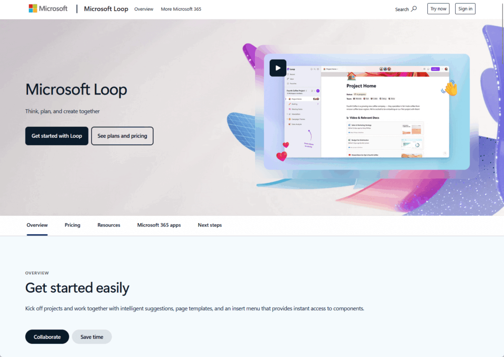 Screenshot of the Microsoft Loop webpage, showing a header with logo, navigation, and sign-in button, followed by a main section with a video preview, buttons to see plans and pricing, and a section titled Get started easily.