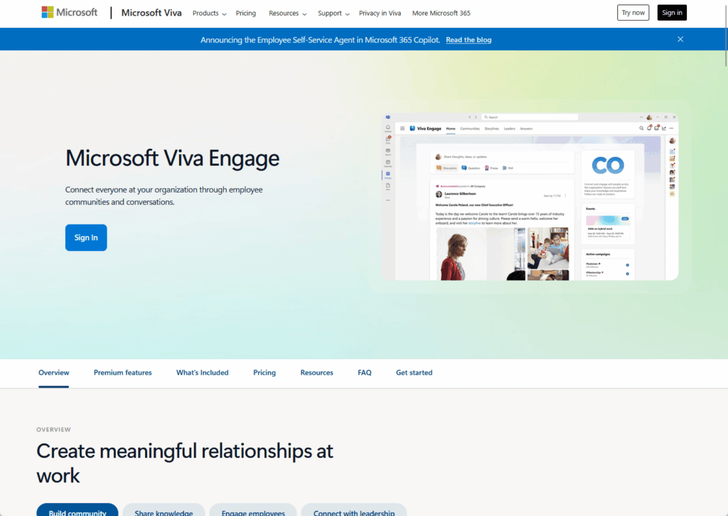 Screenshot of the Microsoft Viva Engage webpage, featuring a banner announcing the service and an image of a social media-style platform. The page menu includes options like Products, Pricing, and Resources.