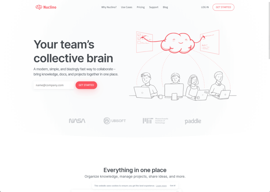 Nuclino homepage showing illustration of four people using laptops, all connected to a central cloud icon with documents inside. Headline reads Your team’s collective brain. Logo and navigation links are at the top.