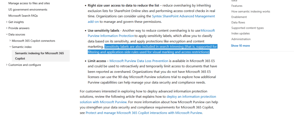 Screenshot of a Microsoft support page highlighting the Use sensitivity labels section, with the sentence Sensitivity labels are also included in search trimming... outlined in blue. Side navigation is visible on the left.