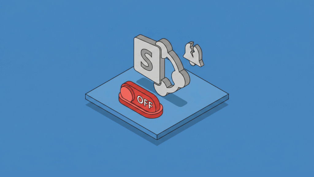 An illustration of a red switch labeled OFF next to a gray Microsoft SharePoint logo and a broken plug, all on a blue background.